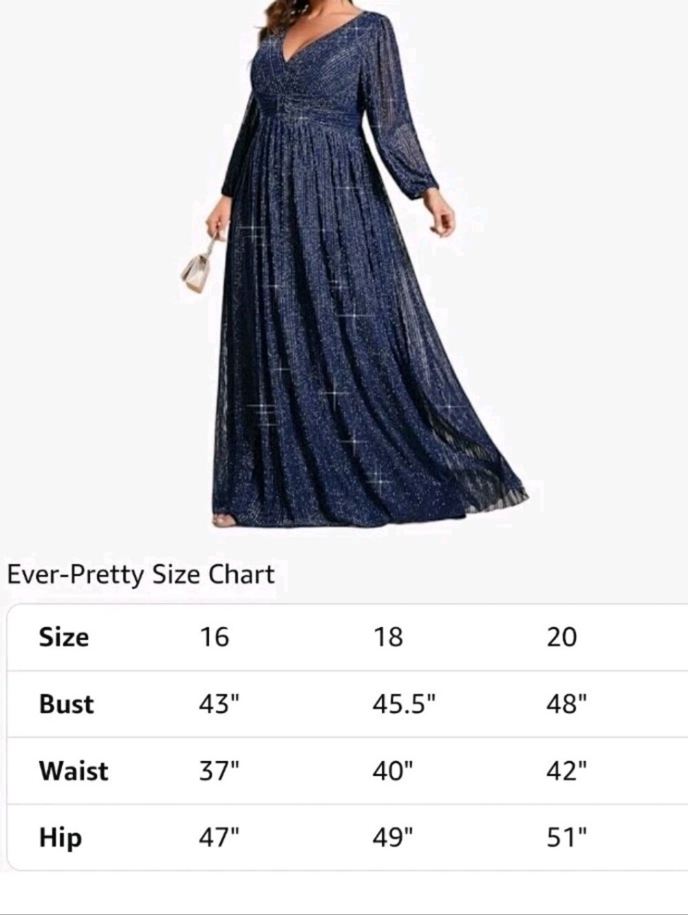 Ever-Pretty Women's Glitter Plus Size 18 Formal Dress Evening Gown Long Sleeves - Picture 3 of 16
